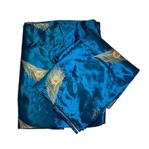 2 Pier 1 Teal Blue Peacock Feather Embroidered Satin Curtains 2 Panels 54x86”